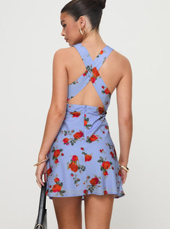 back view of model wearing Princess Polly Connelly Mini Dress Blue Floral Plunger 