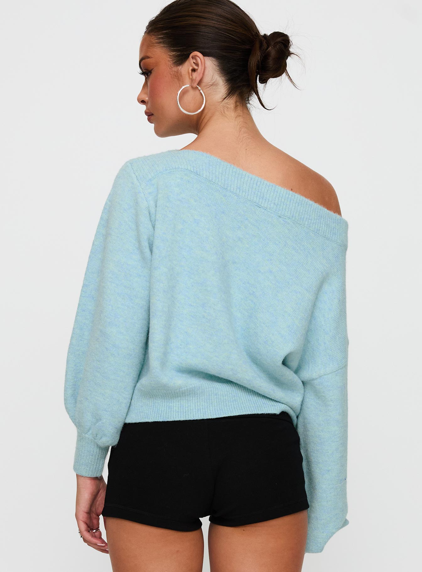 back view of model wearing Princess Polly Noble Off The Shoulder Jumper Blue 
