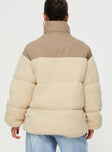 Oversized teddy puffer jacket High neck, twin hip pocket, zip fastening at front