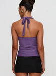 back view of model wearing Princess Polly Clovah Halter Top Purple Sleeveless Sweetheart 