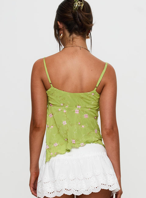 back view of model wearing Princess Polly Paislie Mesh Top Sage Green Sleeveless Sweetheart 