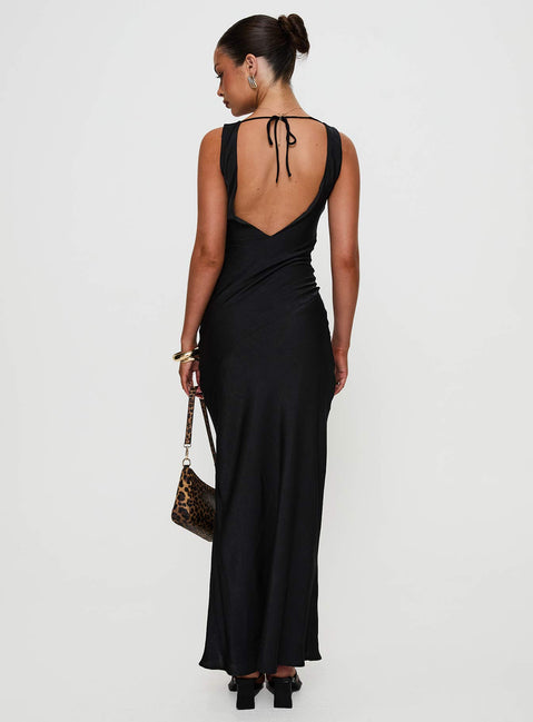 back view of model wearing Princess Polly Make Memories Cowl Neck Maxi Dress Black Cowl Neck 