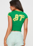 back view of model wearing Princess Polly Californian Girl Tee Green / Yellow Short Sleeves Crew Neck 