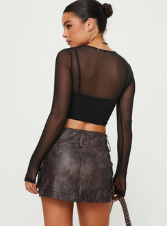 back view of model wearing Princess Polly Domenic Faux Leather Mini Skirt Washed Black Petite Mini Skirts 