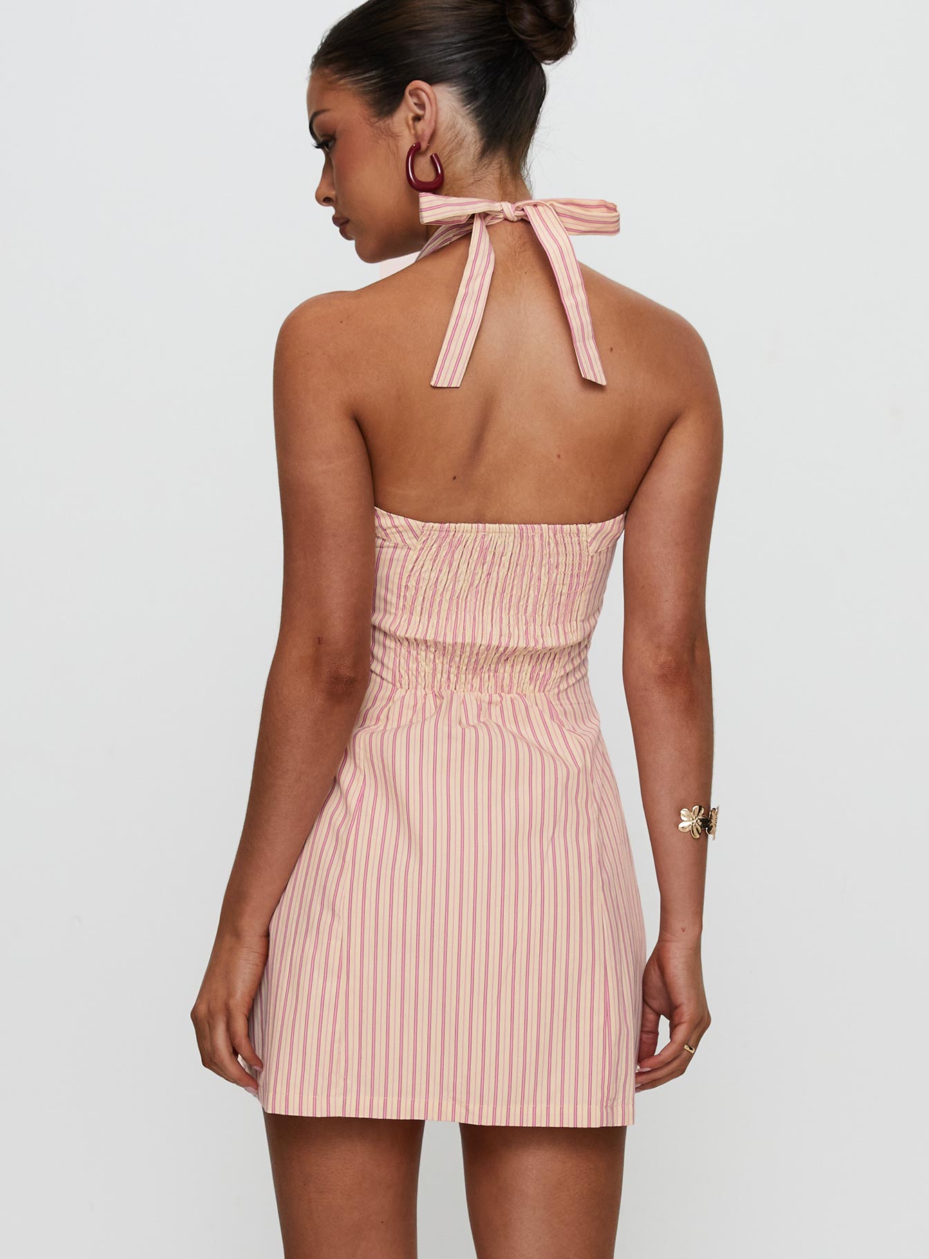 back view of model wearing Princess Polly Mallorie Halter Mini Dress Pink Stripe Scoop Neck 