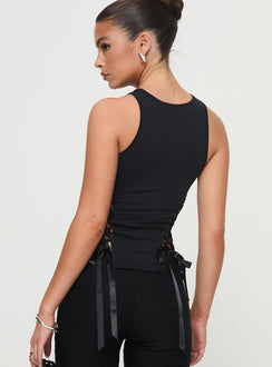 back view of model wearing Princess Polly Bisous Top Black Sleeveless Crew Neck 