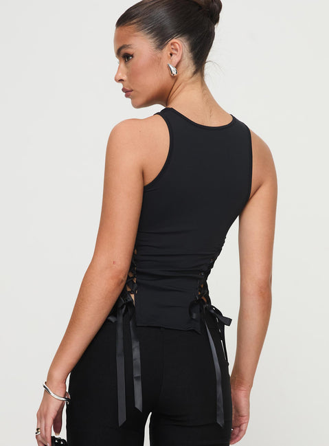 back view of model wearing Princess Polly Bisous Top Black Sleeveless Crew Neck 