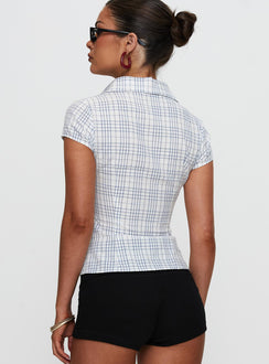 back view of model wearing Princess Polly Cottesloe Blouse Top Blue Check Short Sleeves V-Neck 