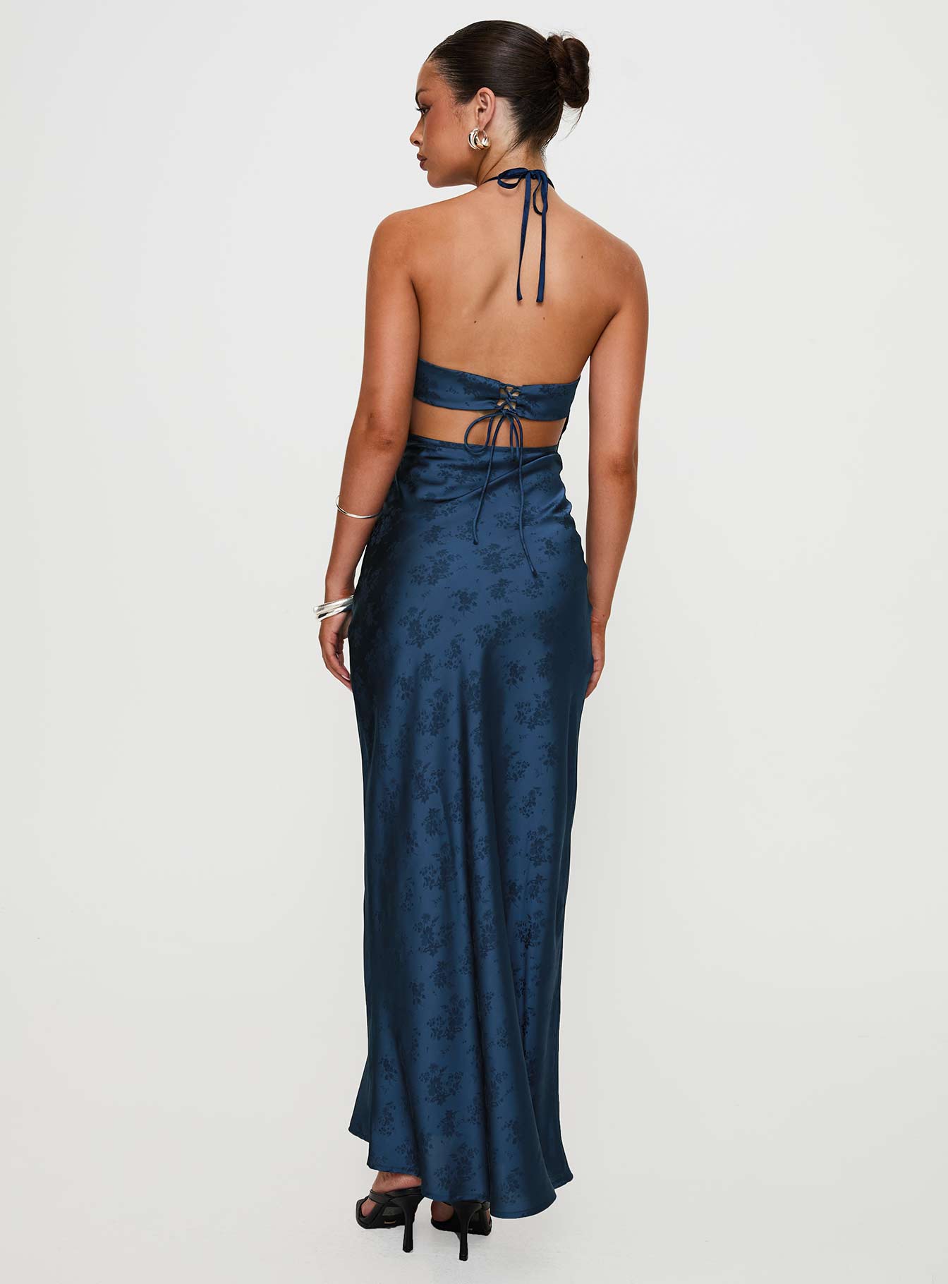 back view of model wearing Princess Polly Limosina Halter Maxi Dress Navy Plunger 