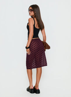 back view of model wearing Princess Polly Evani Sheer Chiffon Midi Skirt Polka Maroon Midi Skirts 