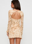 back view of model wearing Princess Polly Folklore Long Sleeve Mini Dress Cream Crew Neck 