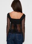 back view of model wearing Princess Polly Fiorello Long Sleeve Top Black Full Sleeves Square Neck 