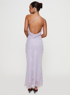 back view of model wearing Princess Polly Jazmira One Shoulder Maxi Dress Lilac Asymmetric Neckline 