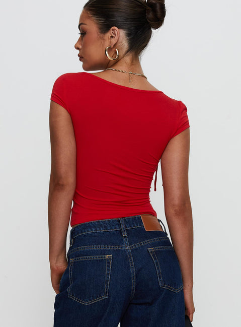 back view of model wearing Princess Polly Daena Tie Detail Top Red Short Sleeves Square Neck 