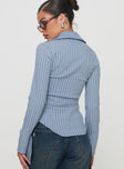 back view of model wearing Princess Polly Madlin Long Sleeve Top Blue Stripe Full Sleeves V-Neck 