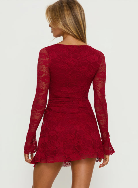 Airabella Long Sleeve Lace Mini Dress Red