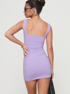 back view of model wearing Princess Polly Rehna Mini Dress Lilac Sweetheart Neckline 