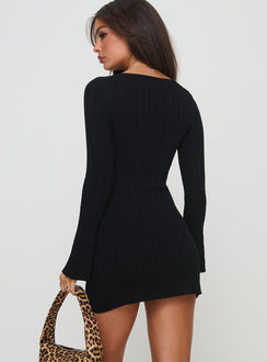 back view of model wearing Princess Polly Cookson Mini Dress Black High Neck 