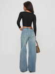 back view of model wearing Princess Polly Demie Distressed Detail Wide Leg Jean Light Wash Low Rise Jeans 