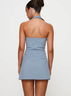back view of model wearing Princess Polly Vyxen Halter Mini Dress Blue V-Neck 