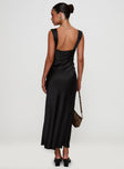 back view of model wearing Princess Polly Radioactive Bias Cut Maxi Dress Black Square Neck 