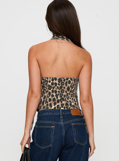 back view of model wearing Princess Polly Feel This Way Wrap Top Leopard Sleeveless Plunger 