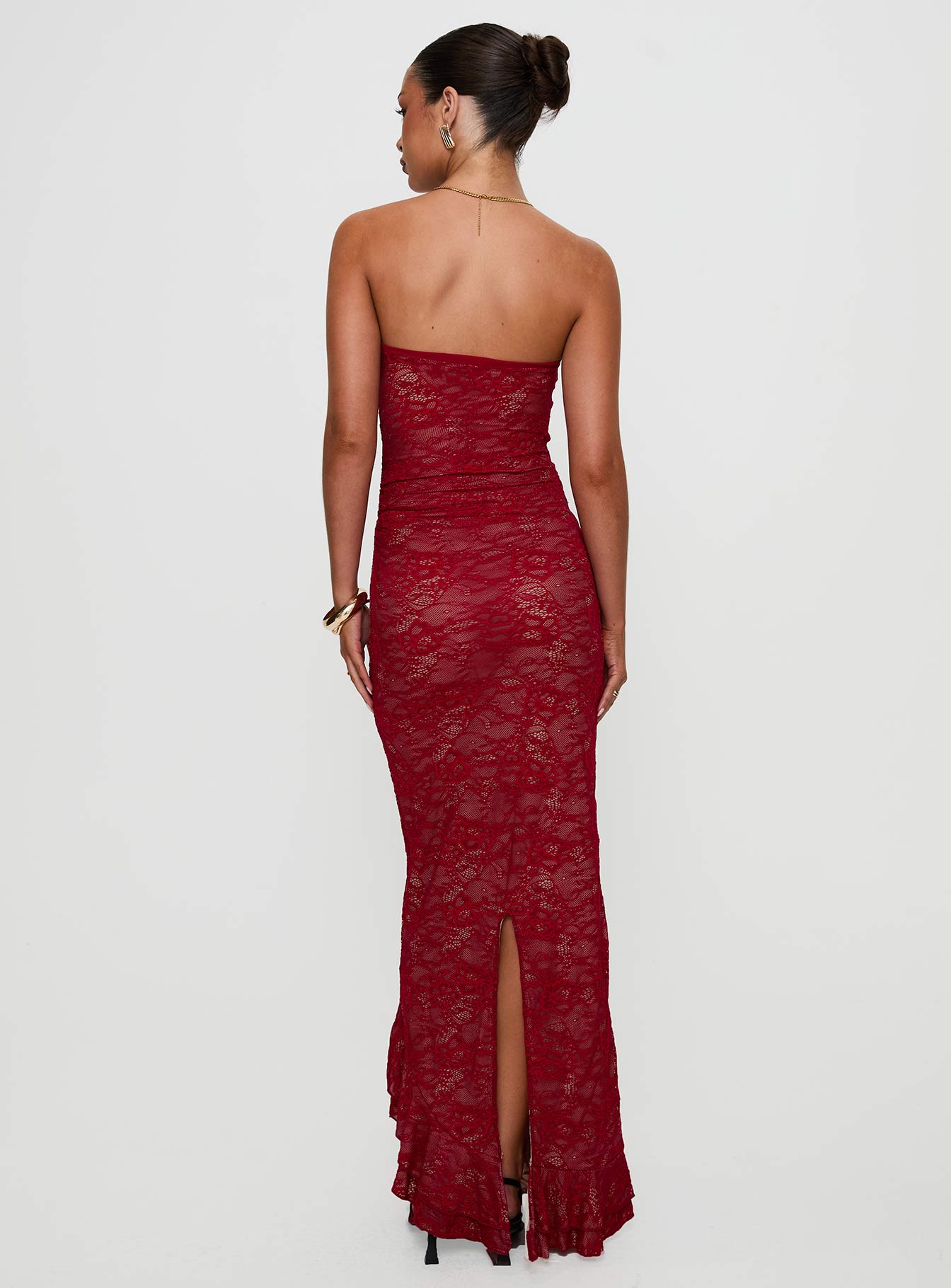 back view of model wearing Princess Polly Hailees Lace Strapless Maxi Dress Red Sweetheart Neckline 