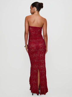 back view of model wearing Princess Polly Hailees Lace Strapless Maxi Dress Red Sweetheart Neckline 