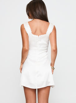 back view of model wearing Princess Polly Dasha Satin Mini Dress White Square Neck 