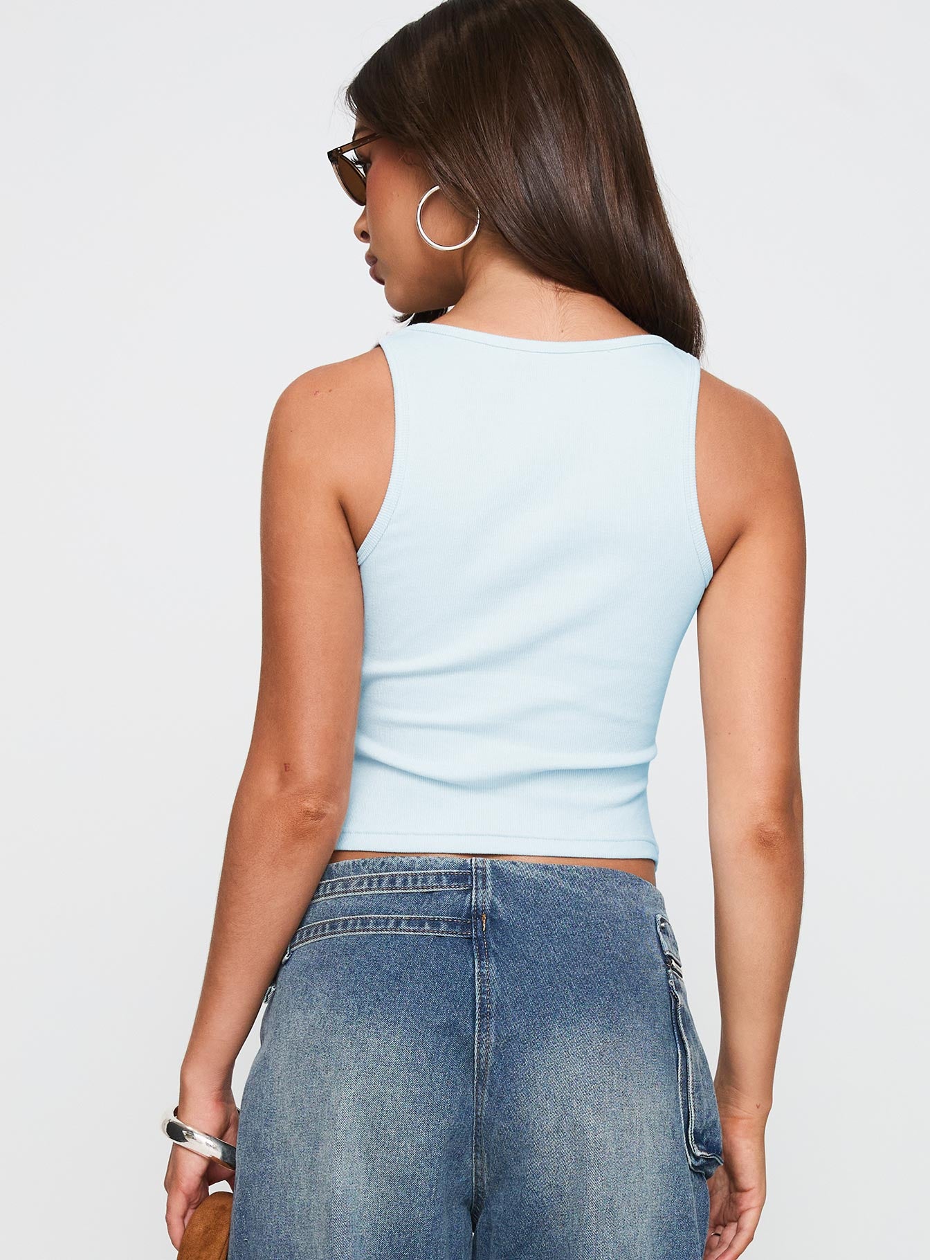 back view of model wearing Princess Polly Baseline Square Neck Rib Tank Top Light Blue Sleeveless Square Neck 