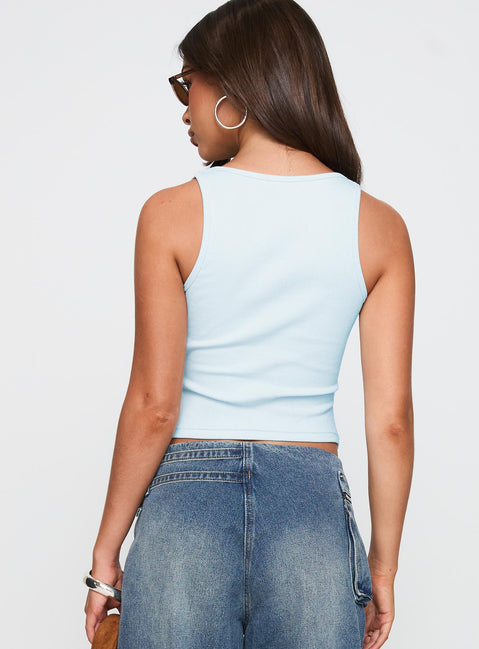 back view of model wearing Princess Polly Baseline Square Neck Rib Tank Top Light Blue Sleeveless Square Neck 