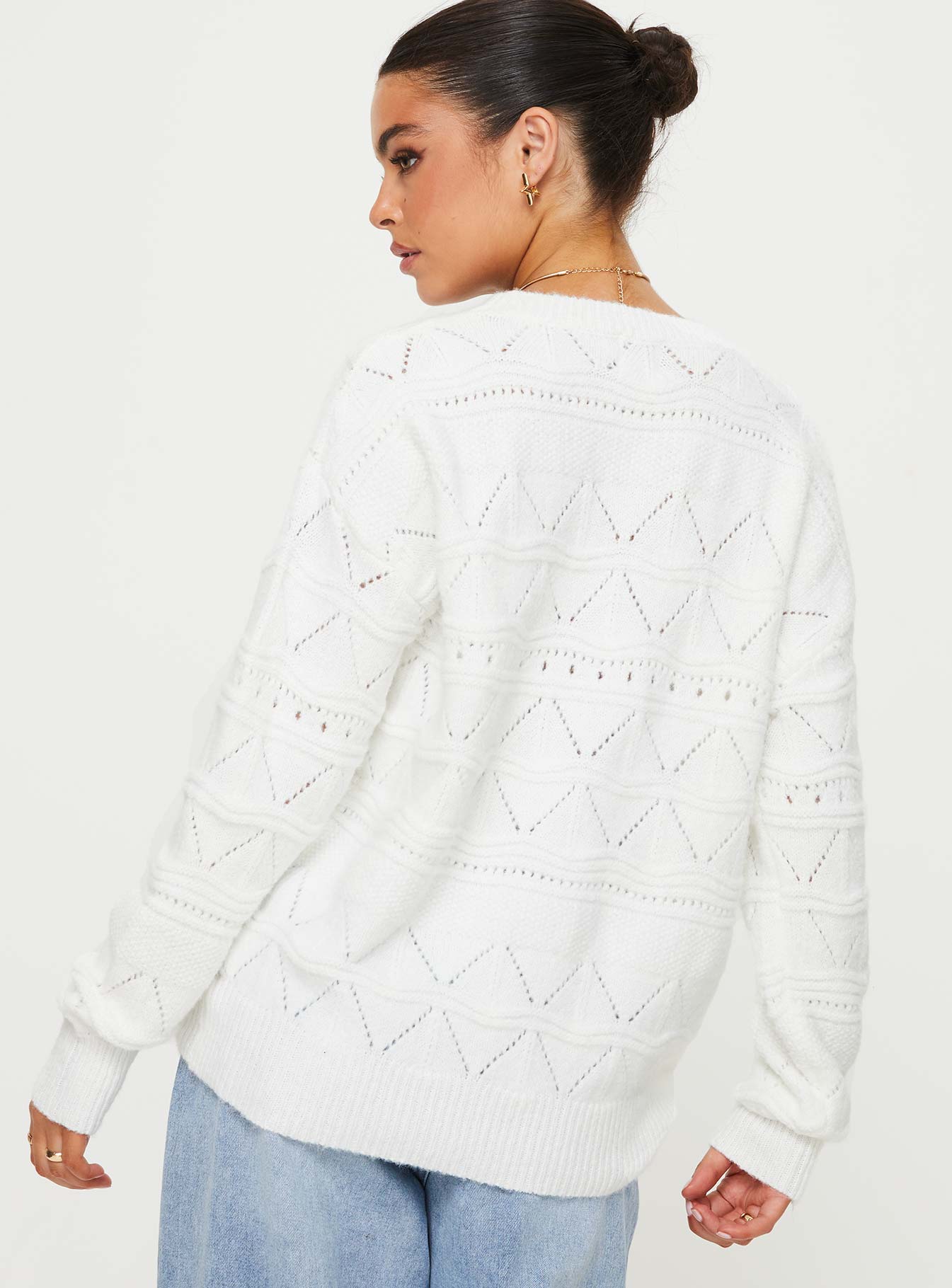 back view of model wearing Princess Polly Pierce Pointelle Sweater Cream Long 