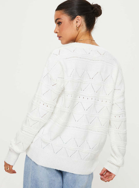 back view of model wearing Princess Polly Pierce Pointelle Sweater Cream Long 
