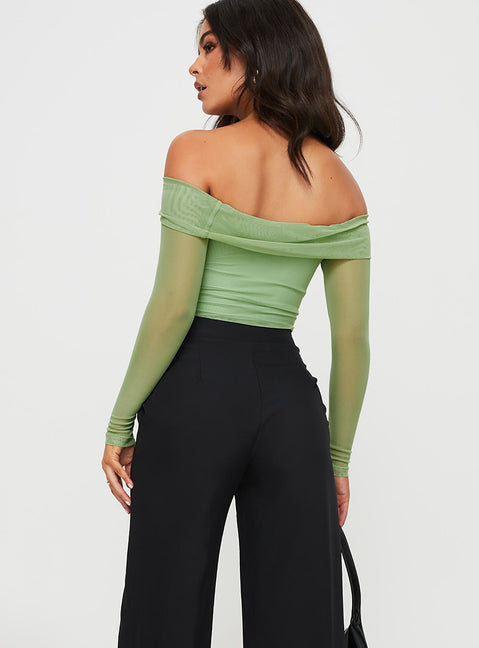 back view of model wearing Princess Polly Doza Off The Shoulder Bodysuit Green Full Sleeves straight 