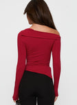 back view of model wearing Princess Polly Donalla Off The Shoulder Hardware Detail Top Red Full Sleeves Asymmetric Neckline 