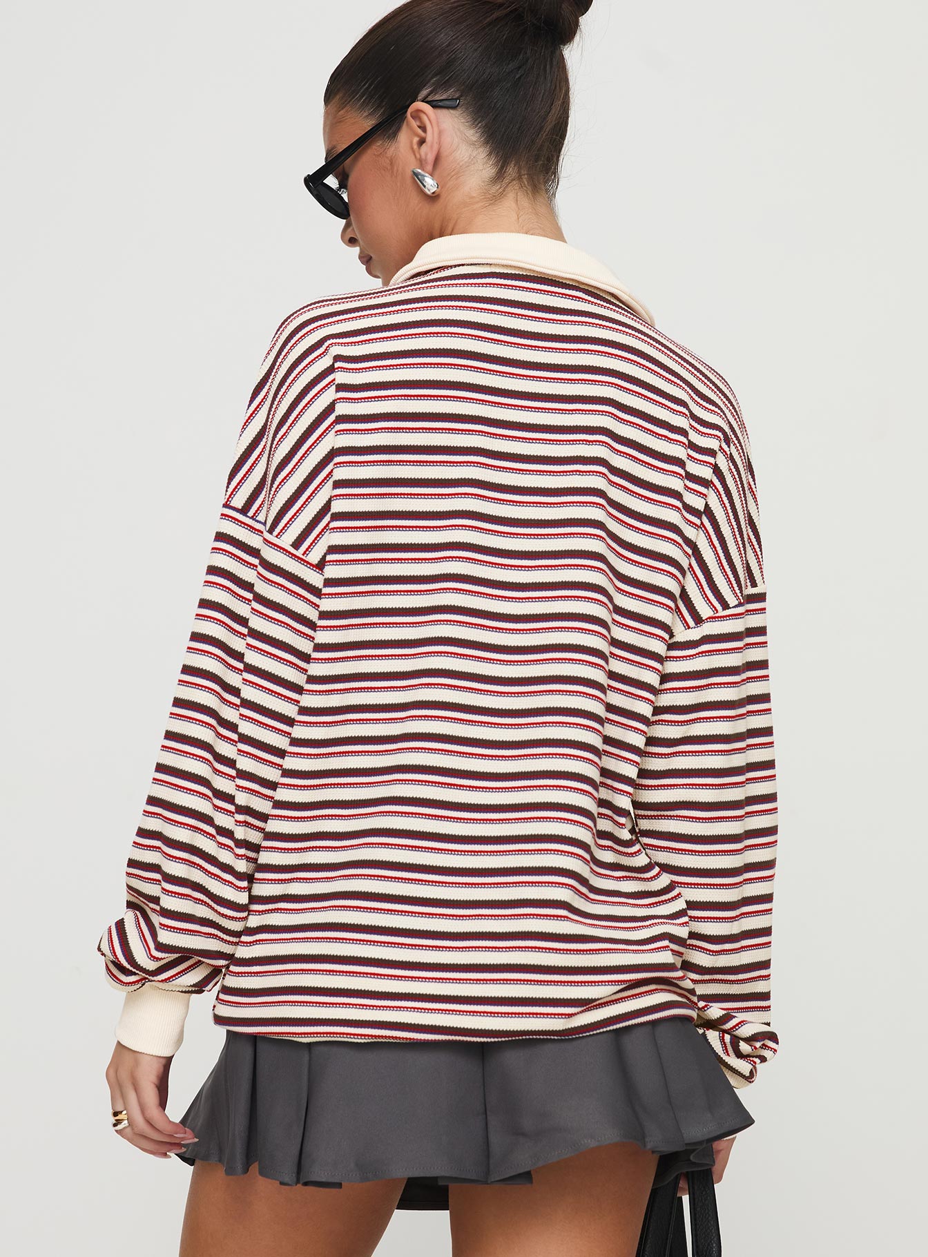 back view of model wearing Princess Polly Rierie Rugby Jersey Porcelain Multi Long 