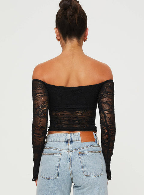 back view of model wearing Princess Polly Charet Off The Shoulder Top Black Full Sleeves 
