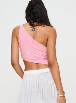 back view of model wearing Princess Polly Toomba One Shoulder Top Pink Sleeveless Asymmetric Neckline 
