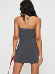 back view of model wearing Princess Polly Gradwell Strapless Mini Dress Grey Straight Neck 