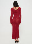 back view of model wearing Princess Polly Pricely Long Sleeve Maxi Dress Red Boat Neck Boat Neck 