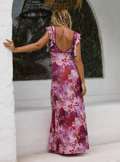 back view of model wearing Princess Polly Soleila Maxi Dress Purple Multi Petite V-Neck 