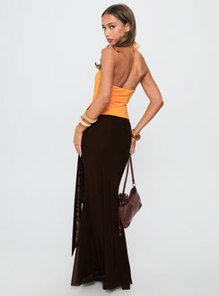 back view of model wearing Princess Polly Caviar Tie Maxi Skirt Chocolate Maxi 