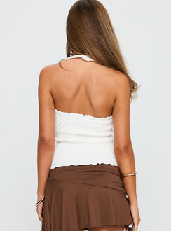back view of model wearing Princess Polly Summer Afternoons Halter Top White Sleeveless Sweetheart 