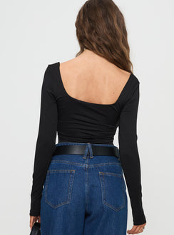 back view of model wearing Princess Polly Peekaboo Long Sleeve Bodysuit Black Full Sleeves Sweetheart 