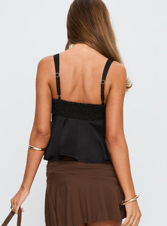 back view of model wearing Princess Polly Long Way Down Cami Top Black Sleeveless Plunger 