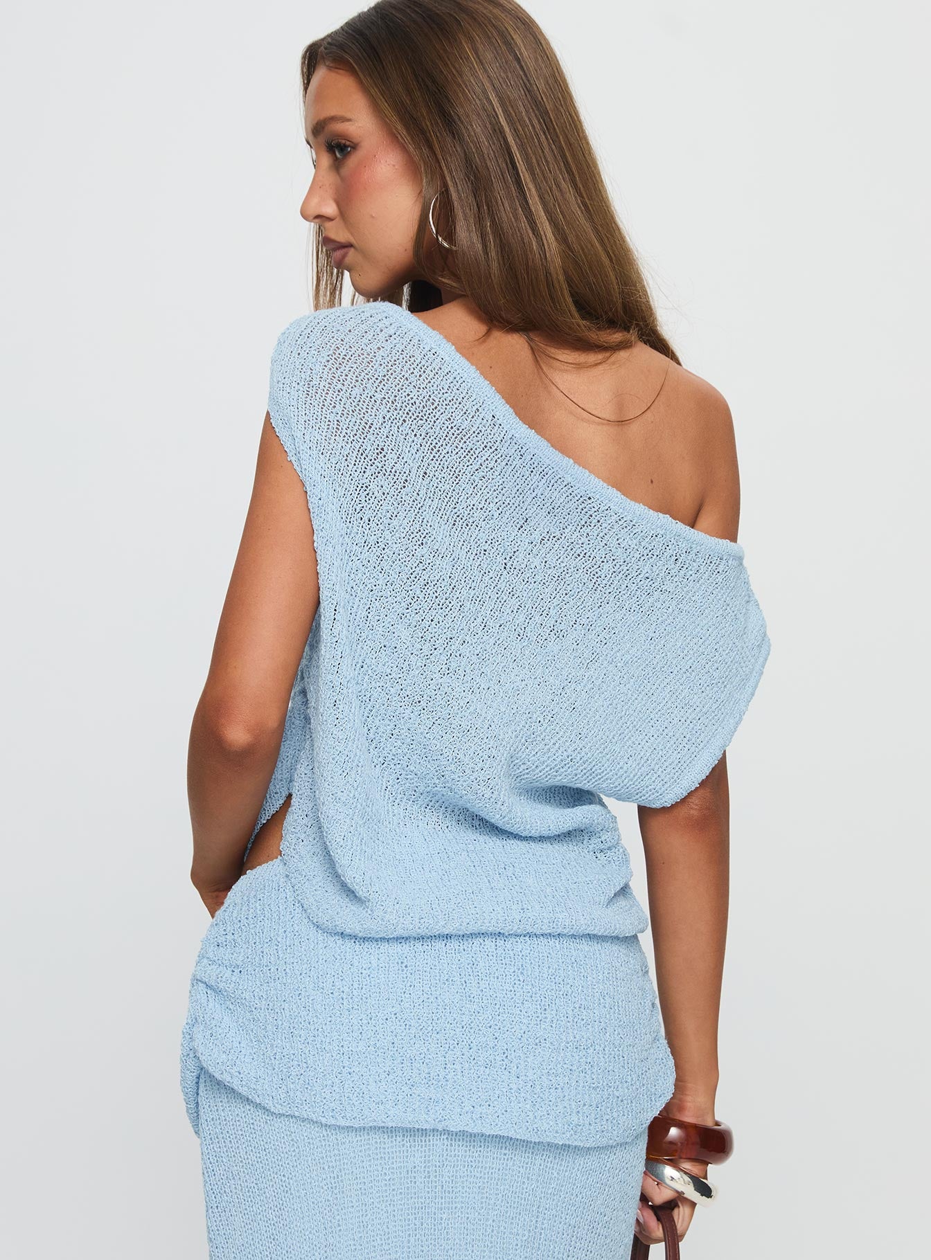 Courter Boucle Off Shoulder Top Blue