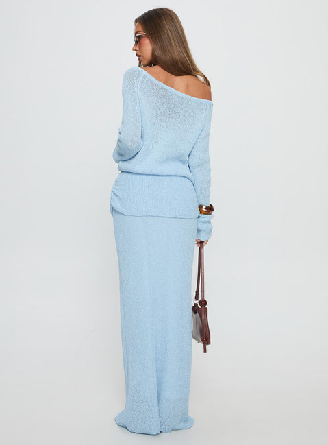 back view of model wearing Princess Polly Tessira Boucle Maxi Skirt Blue Maxi 