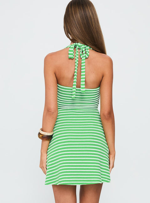 Golden Era Halter Mini Dress Green Stripe