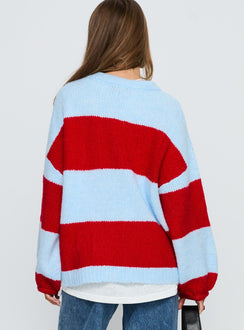 back view of model wearing Princess Polly Bastien Crew Neck Knit Sweater Blue / Red 