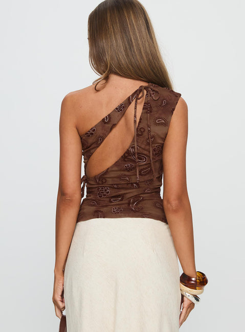Addysin One Shoulder Top Brown Paisley